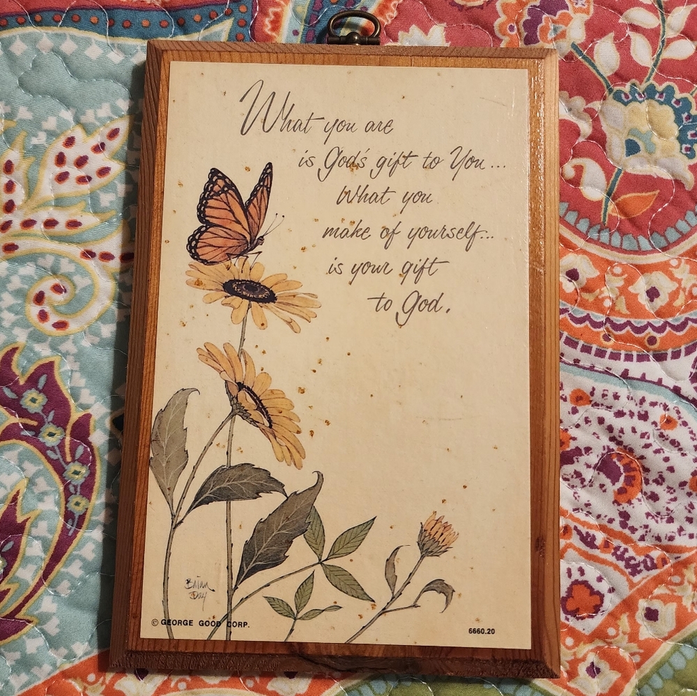 Vintage 70s Beveled Wooden Wall Plaque Monarch Butterfly Heartfelt Message
